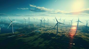 Aerial view of wind turbine generating in wind farm photo