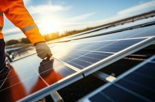 Technician installing solar panels on rooftop roof photo