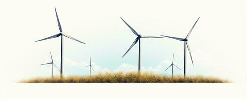 A set of wind turbines is pictured on a white background photo