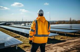 Technician installing solar panels on rooftop roof photo