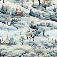 Winter village scene seamless pattern, created with generative AI photo