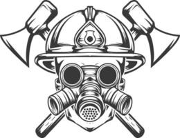 firefighter skull helmet and mask axe in background vector design