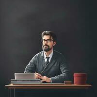 Teacher sitting In Front Of Blackboard photo