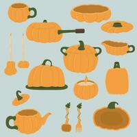 Set of pumpkin kitchen utensils on blue background. Autumn illustration for halloween or thanksgiving holidays. vector