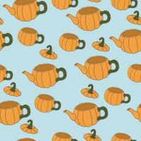 Seamless pattern with pumpkin kettles and cups on blue background vector