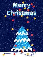 Colorful Christmas card with blue fir tree in snow and New Year's lights in flat style. Blue background with snow. vector