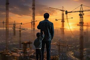 silueta de padre y hijo mirando a construcción sitio a atardecer, asiático chico en del padre espalda con antecedentes de nuevo alto edificios y construcción grúas de noche atardecer, ai generado foto