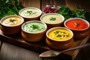Assortment of soups in bowls on wooden background. Selective focus. Assortment of colored vegetable cream soups. Dietary food, AI Generated photo