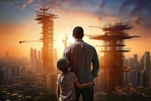 espalda ver de padre y hijo mirando a construcción sitio, asiático chico en del padre espalda con antecedentes de nuevo alto edificios y silueta construcción grúas de noche atardecer, ai generado foto