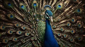 un de cerca revelación de el fascinante y intrincado patrones en el plumas de un majestuoso pavo real. ai generado foto