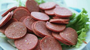 Close up of Traditional smoked salami sausage video