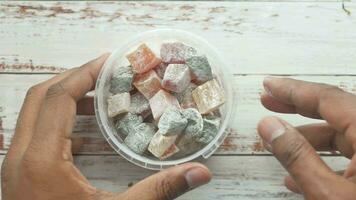 turkish delight or lokum of red, green, orange and yellow colors. video