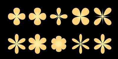 Set of gold star flower shapes, minimalist geometric elements, sun ray frame design. Brutalist design icons and signs. Modern elements swiss style figures stars flowers circles vector