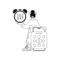 Girl with calendar and alarm. focused on Tax day with vector illustration in linear style.
