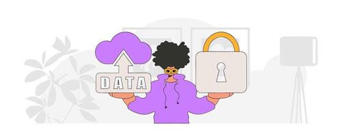 Man with cloud storage, padlock and modern vector character style.