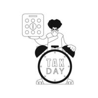 Girl holds calendar and alarm clock, symbolizing tax day. Vector illustration in linear style.