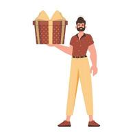 A young guy is holding a gift. Modern flat colorful vector illustration.