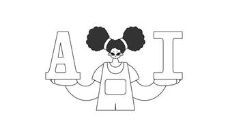 A black and white drawing of a woman holding up the letters i vector
