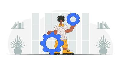 Gorgeous guy holds gears in his hands. Illustration on the theme of the appearance of an idea. vector