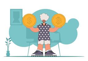 A man holds a dollar and a bitcoin in his hands. Cryptocurrency theme. vector