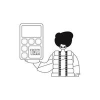 Man holding a calculator. linear, illustration. vector