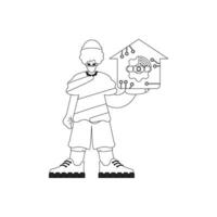 Man grasping logo for Internet of Things, in line illustration vector