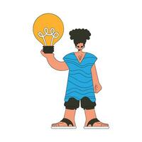 A handsome man holds a light bulb in his hands. Idea theme. vector