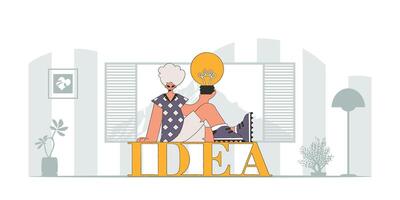 A sophisticated guy holds a light bulb in his hands. Illustration on the theme of the appearance of an idea. vector