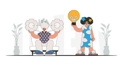 An elegant team generates ideas and solves problems. Light bulb and gears in their hands. Idea theme. Retro trendy style. vector