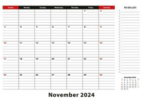 November 2024 Calendar week starts from sunday, vector