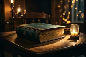 Old Book With Magic Lights On Vintage Table. AI generated photo