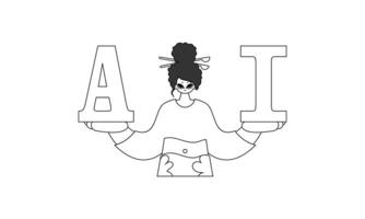 Girl holds AI letters, symbolizing AI theme in linear vector design