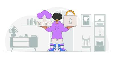 Vector modern style character of a man holding a cloud storage and a padlock.