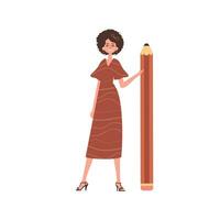 The girl is holding a big pencil. Modern trendy style. vector