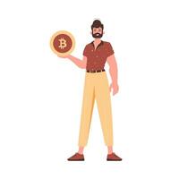 A man holds a bitcoin coin in his hands. Character with a vintage style. vector