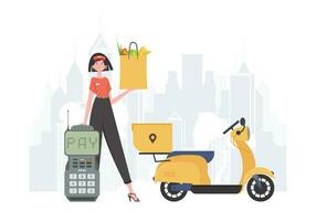 Delivery concept. A woman delivers a package of products. Cartoon style. Vector. vector