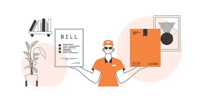 The guy holds a parcel and a check in his hands. The concept of the delivery of goods and parcels. Linear trendy style. vector