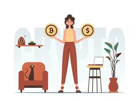 Cryptocurrency concept. A woman holds a bitcoin and a dollar in her hands. Character in trendy style. vector