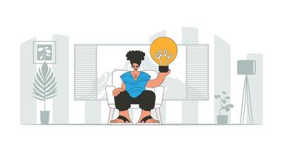 A handsome guy holds a light bulb in his hands. Idea theme. Retro trendy style. vector