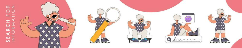 Set of character illustration for information search theme. Collection of scenes with a short man holding a magnifying glass and looking for information. Retro style character. vector