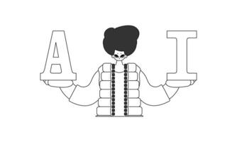 A black and white drawing of a woman holding the letters i vector