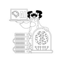 A cartoon dog holding a computer and a brain vector