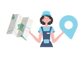 The girl is holding a map. The trendy character is depicted to the waist. Isolated on white background. . vector