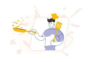 The guy cook is holding a frying pan. Trendy style line art. Vector. vector