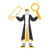 The guy is holding a magnifying glass in his hands. Search concept. Linear trendy style. Isolated on white background. Vector illustration.