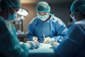 cirujanos equipo ejecutando quirúrgico operación en operando habitación. generativo ai foto