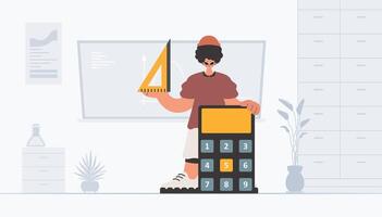 The person is holding a ruler and a calculator, learning subject. Trendy style, Vector Illustration