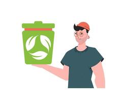 The guy is depicted to the waist and holds an urn in his hands. The concept of ecology and recycling. Isolated. Trendy character style. Vetcor. vector