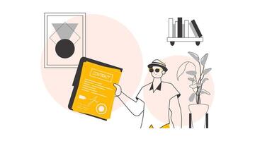 The guy is holding a contract in his hands. Modern linear style. illustration. vector