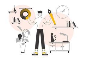 The designer guy holds a color wheel in his hands. Line art style. . vector